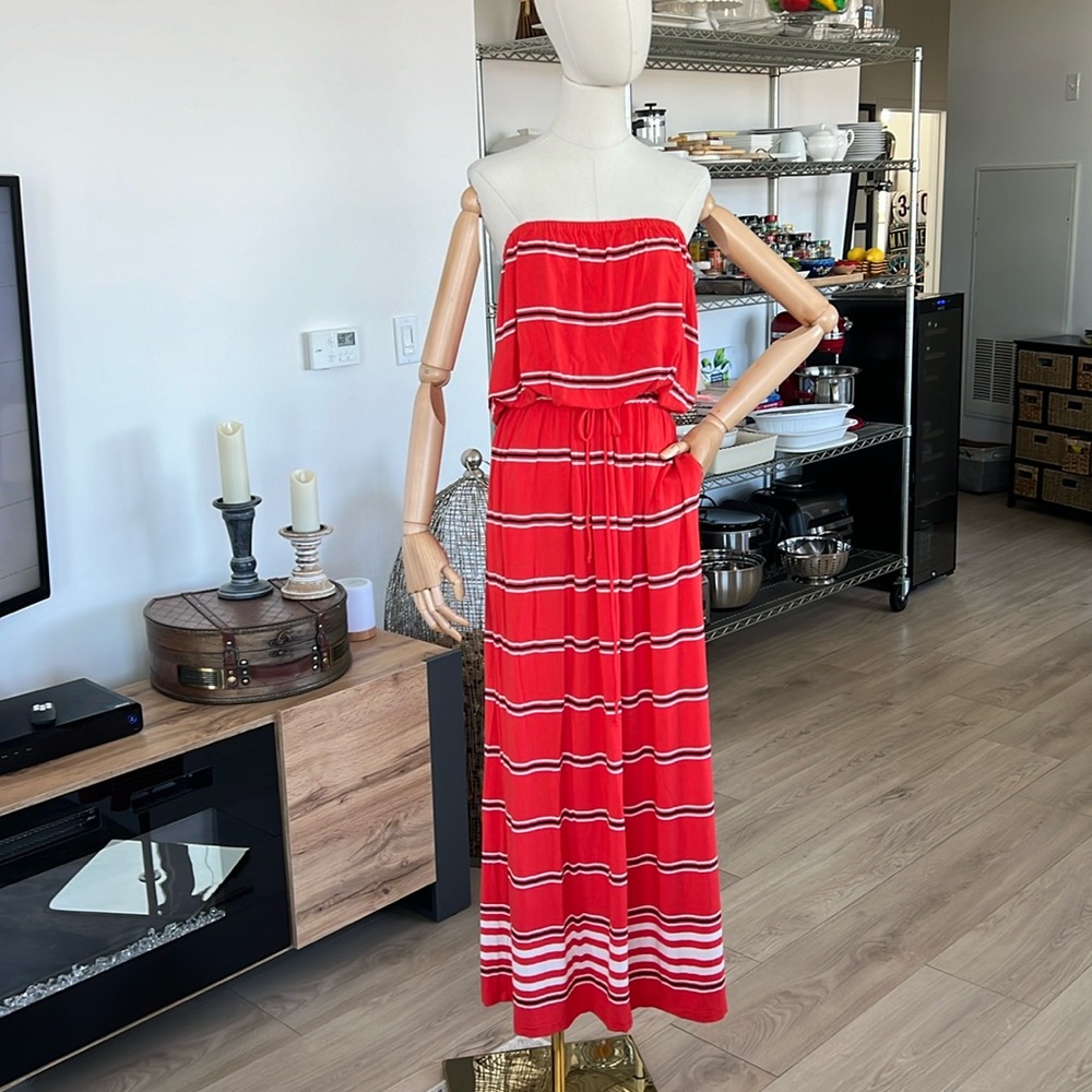 J. Crew Red and White Strapless Striped Maxi Dress